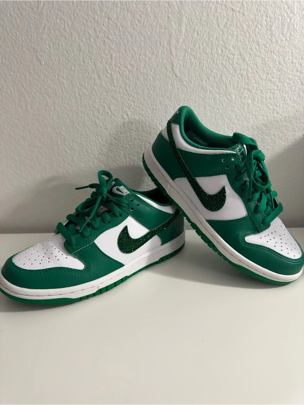 Kids Green & White Sneakers with Sparkle Swoosh Nike Dunks